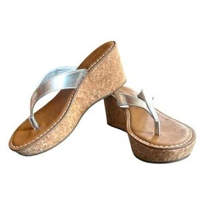 Women’s Cork Wedge Heels Thong Platform Comfort Sandals Metallic Silver Size 7.5